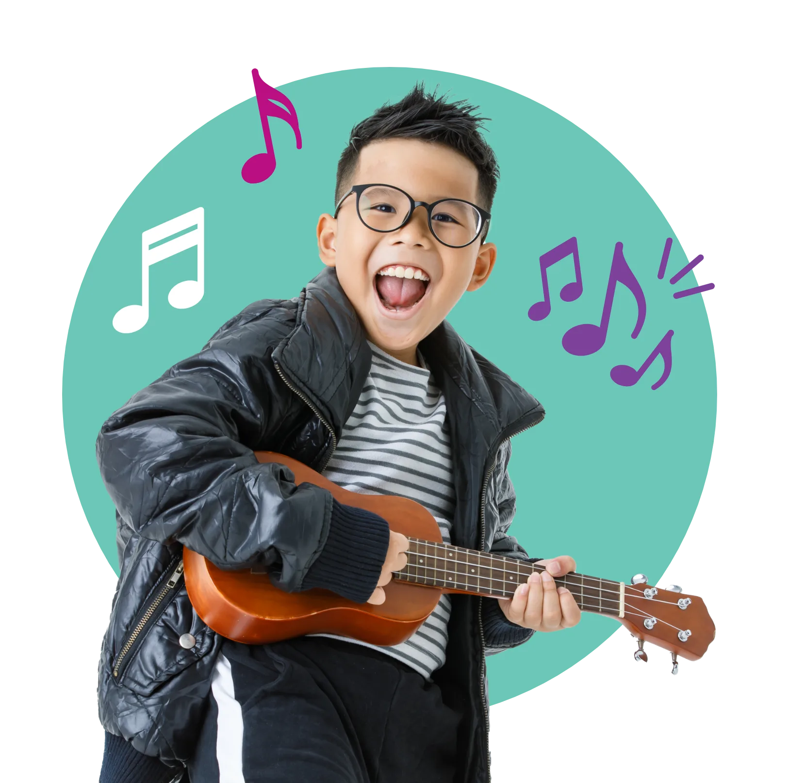 A grinning boy in glasses and a leather jacket playing a ukulele