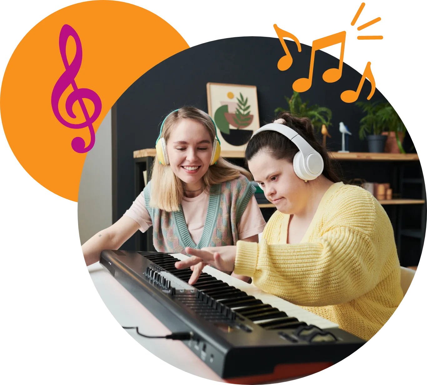 Smiling teacher and student, both wearing headphones, playing a digital keyboard together