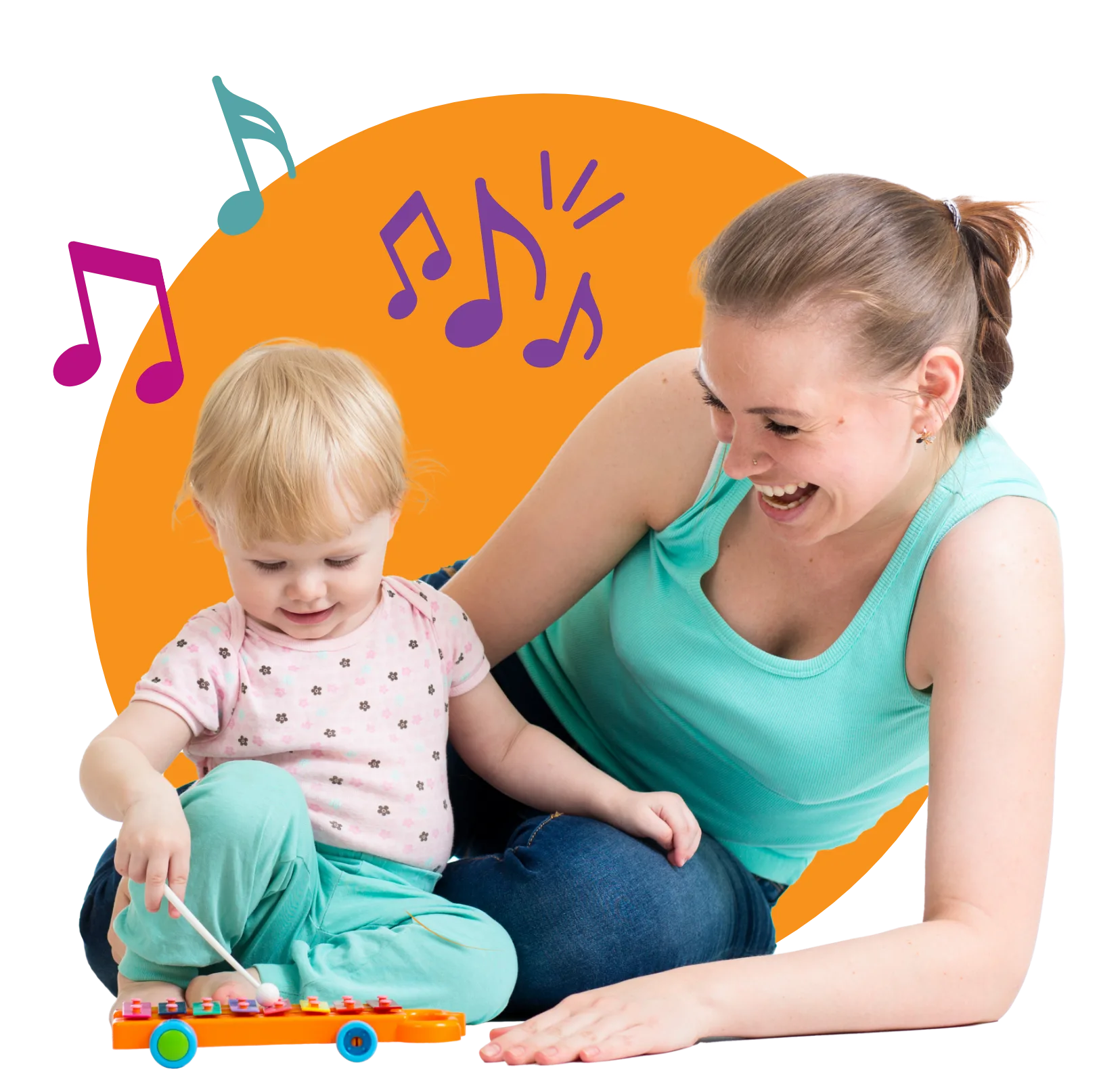 A smiling woman on the floor beside a toddler tapping a colorful toy xylophone
