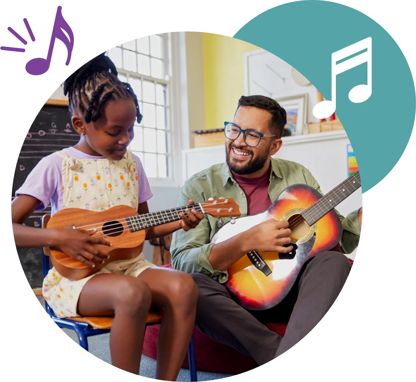 Smiling teacher playing guitar beside a girl strumming a ukulele