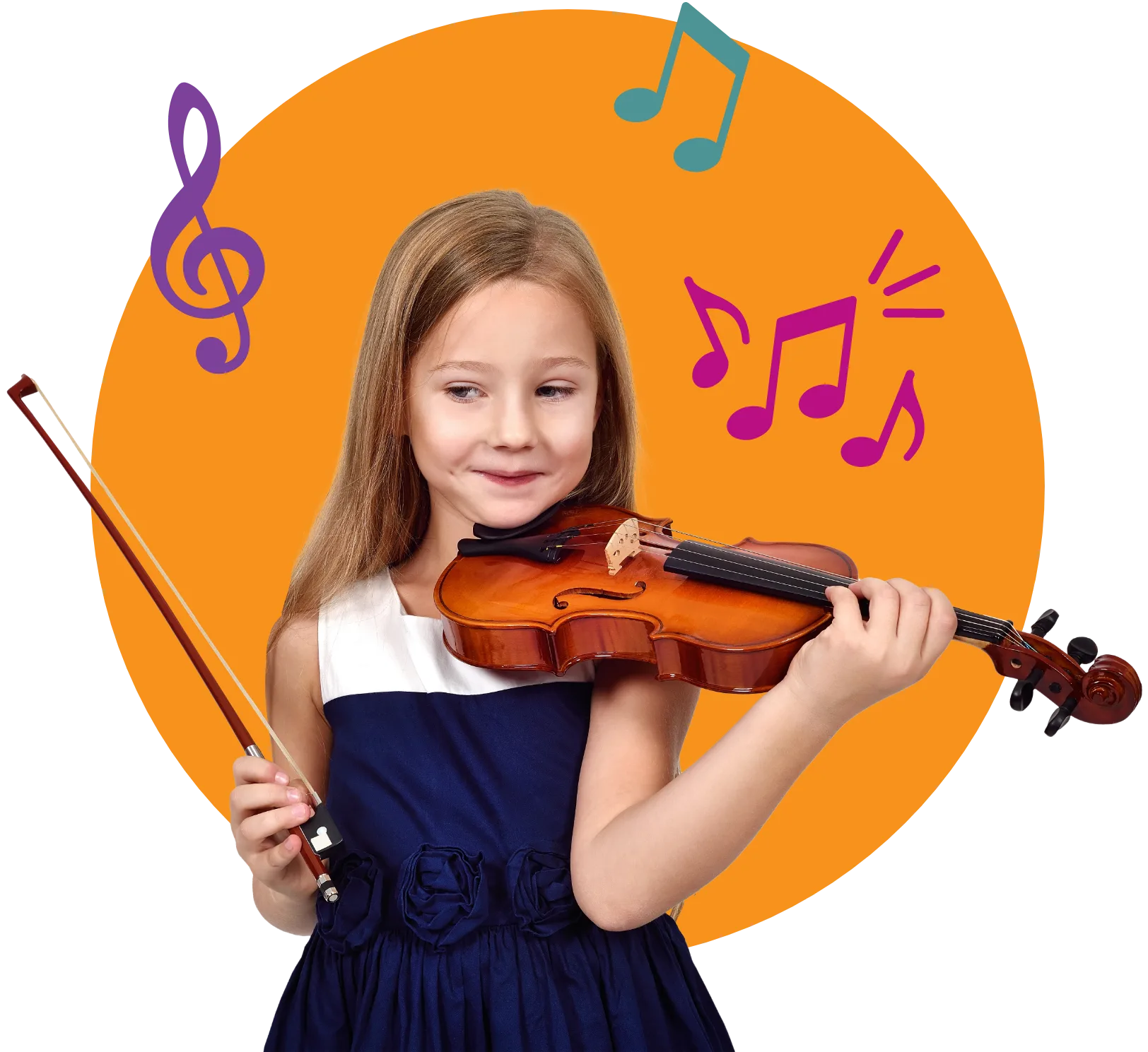 Smiling girl holding a violin under her chin and a bow in her other hand