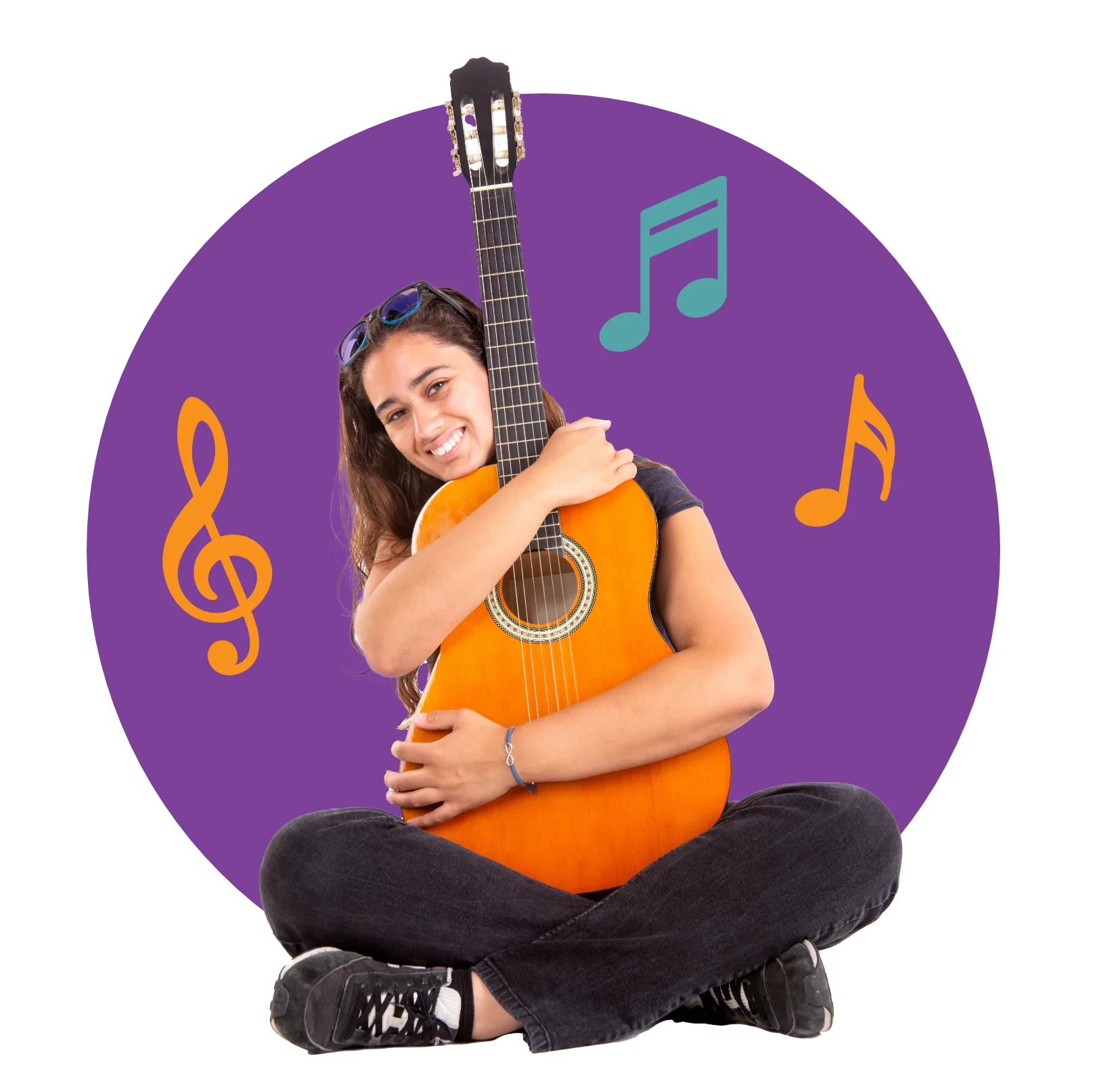 Young Woman Hugging a Guitar Smiling young woman sitting cross-legged and hugging an acoustic guitar
