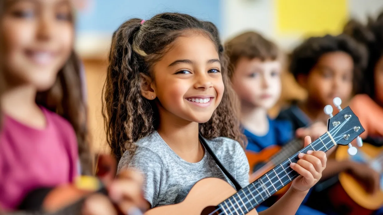 Smiling Girl With Ukulele In Class A smiling girl holds a ukulele in a music class, other children with ukuleles blurred behind her