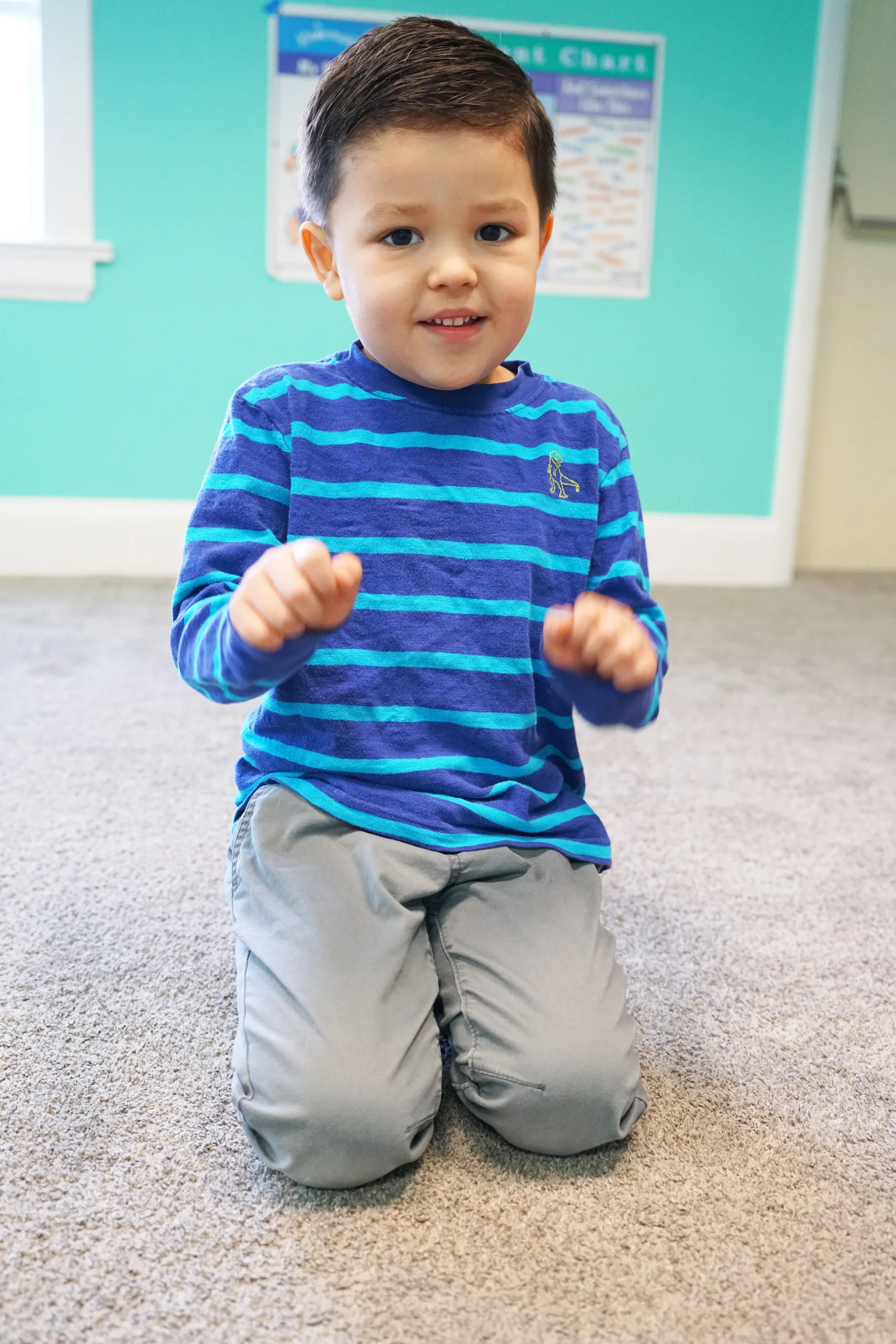 Boy In Striped Shirt Kneeling A smiling young boy in a blue striped shirt kneels on the carpet with his fists raised