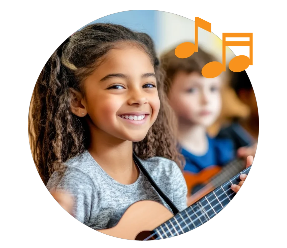 A smiling girl holding a ukulele in a group music class, a classmate with a ukulele blurred behind her